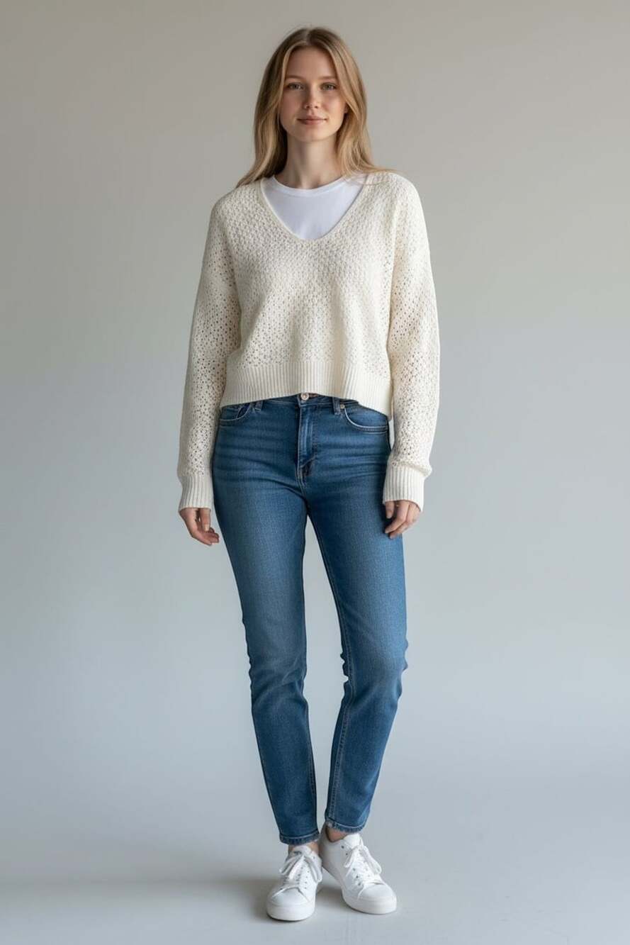 Frechman1996 V-Neck Sweater Size S Cream Open Knit Cropped